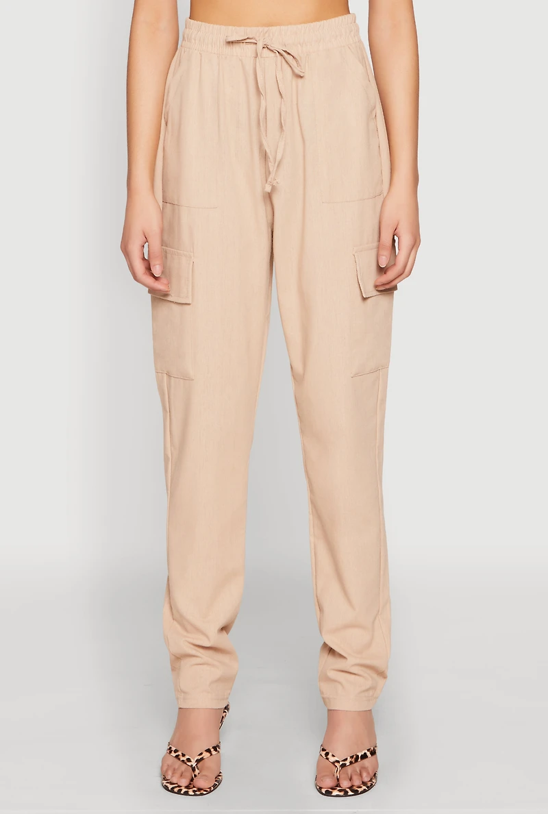 Womens Linen Cargo Pants, Khaki,