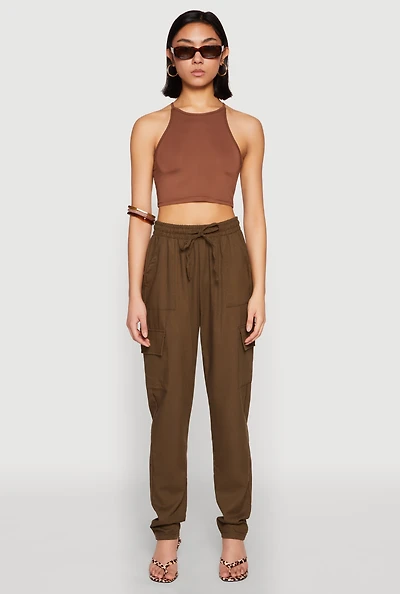 Womens Linen Cargo Pants, Green, Size S