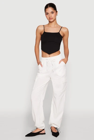 Womens Toggle Drawstring Hem Linen Cargo Pants, White, Size S
