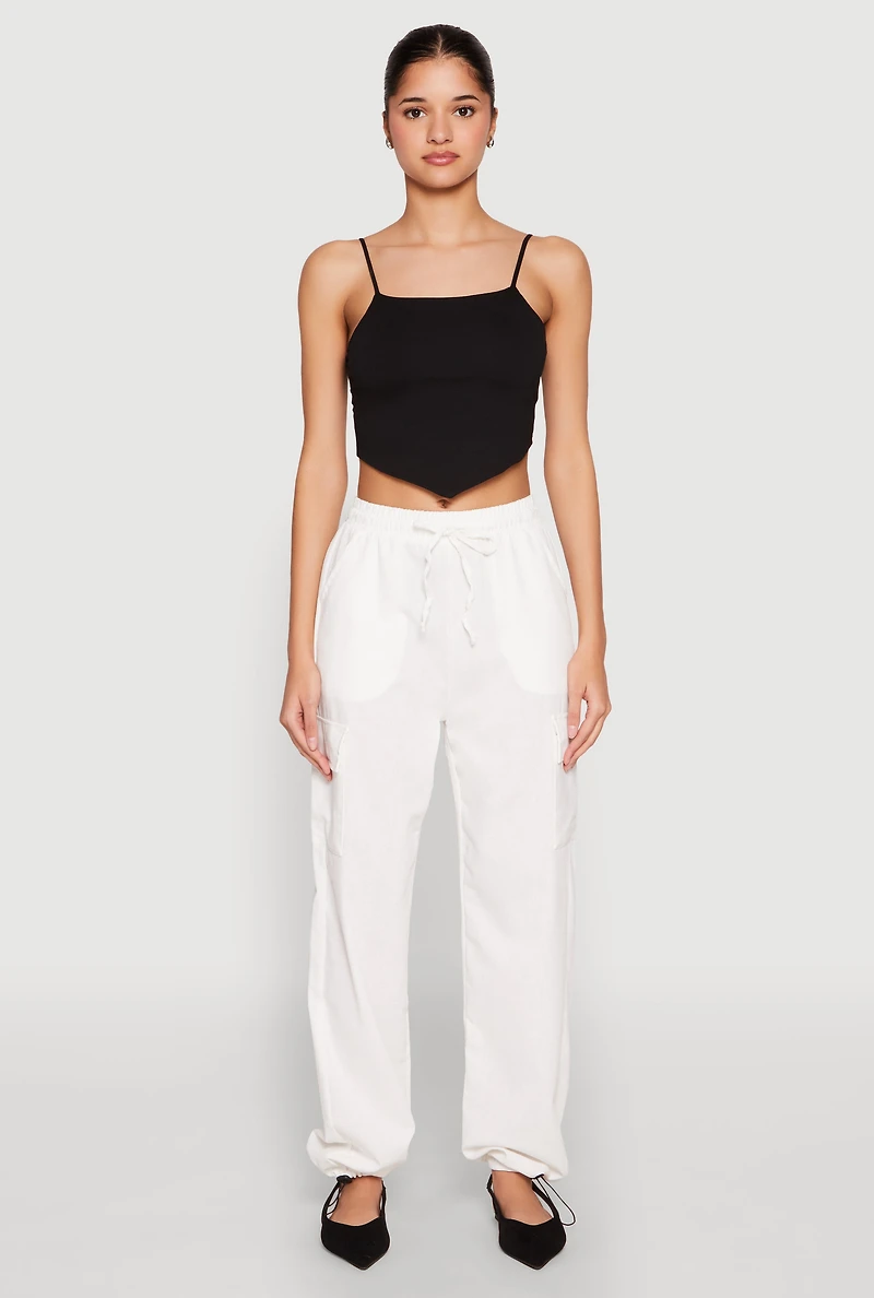 Womens Toggle Drawstring Hem Linen Cargo Pants, White, Size S