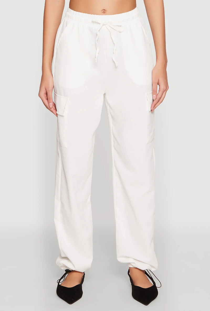 Womens Toggle Drawstring Hem Linen Cargo Pants, White, Size S