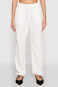Womens Toggle Drawstring Hem Linen Cargo Pants, White, Size S