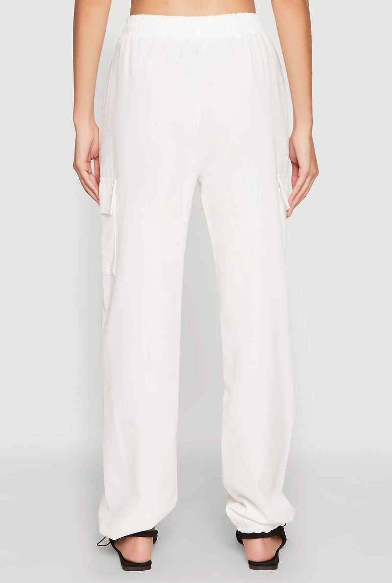 Womens Toggle Drawstring Hem Linen Cargo Pants, White, Size S