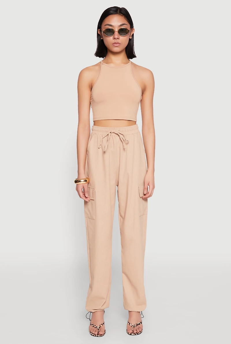 Womens Toggle Drawstring Hem Linen Cargo Pants, L