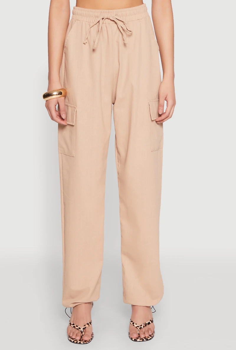 Womens Toggle Drawstring Hem Linen Cargo Pants, L