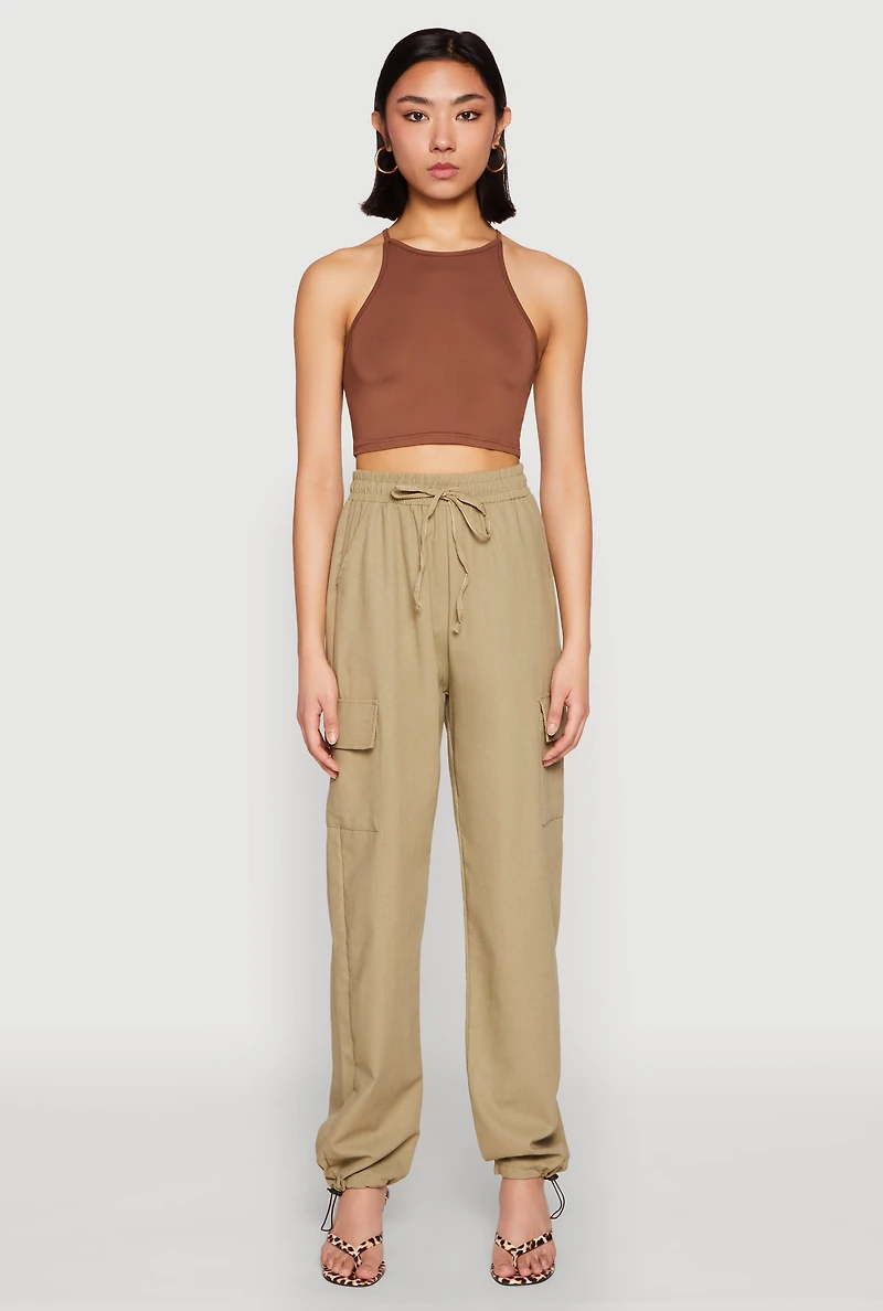 Womens Toggle Drawstring Hem Linen Cargo Pants,