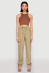 Womens Toggle Drawstring Hem Linen Cargo Pants,