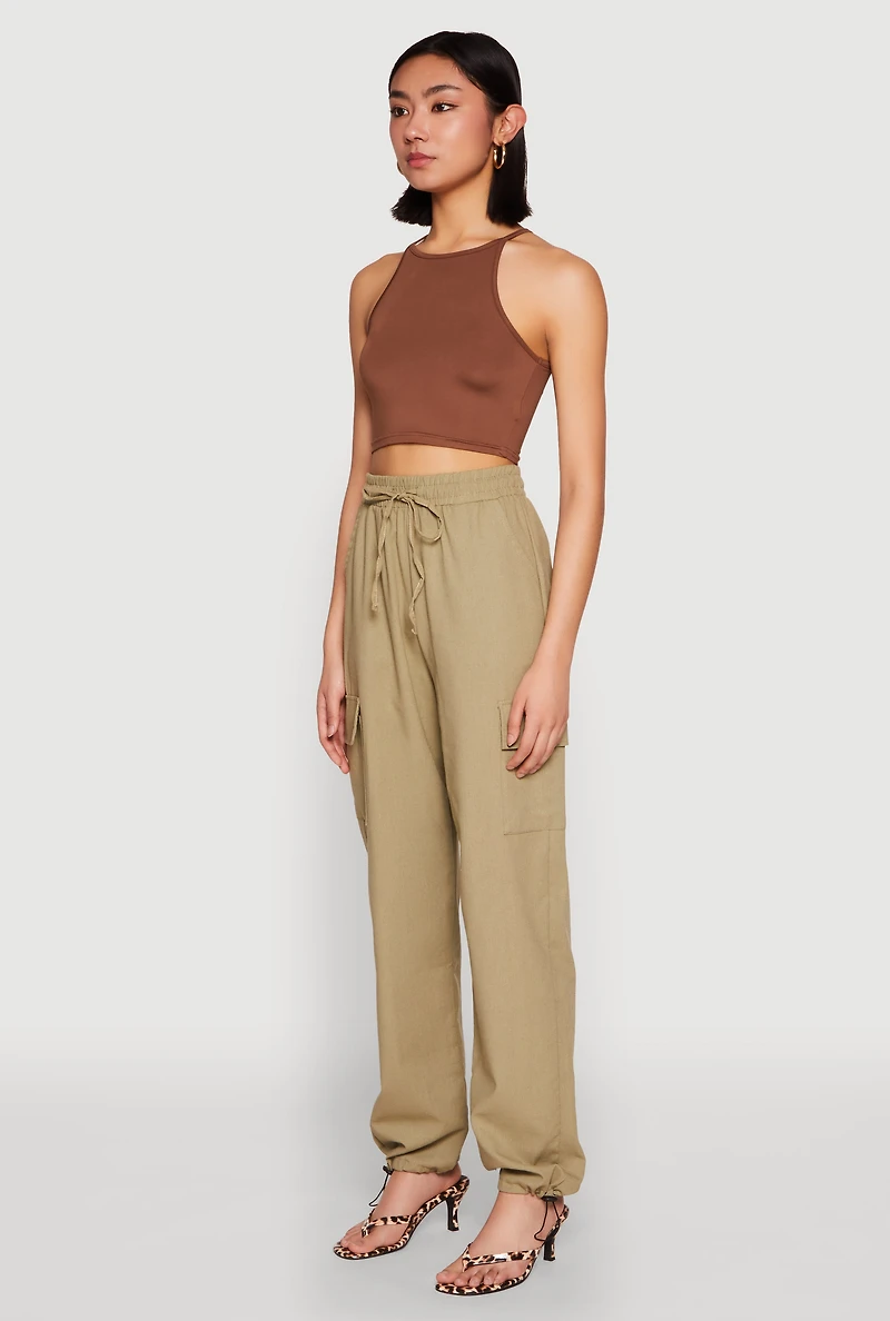 Womens Toggle Drawstring Hem Linen Cargo Pants,