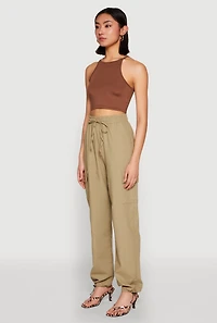 Womens Toggle Drawstring Hem Linen Cargo Pants,