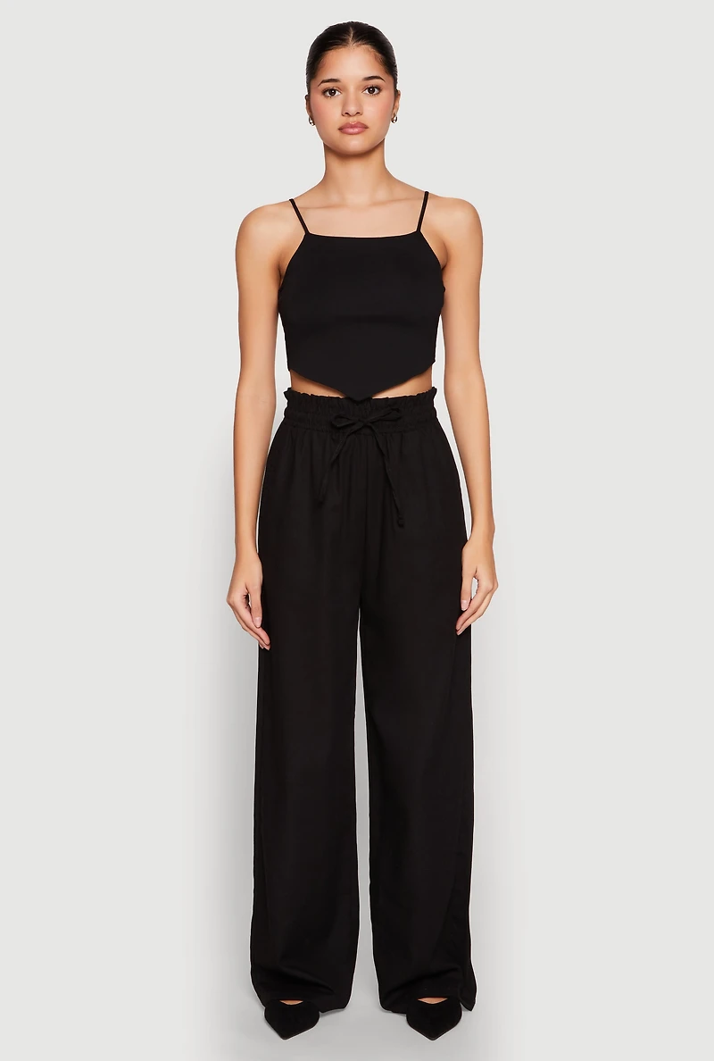 Womens Drawstring Linen Wide Leg Pants, Black, Size S