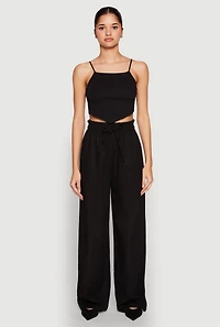 Womens Drawstring Linen Wide Leg Pants, Black, Size S