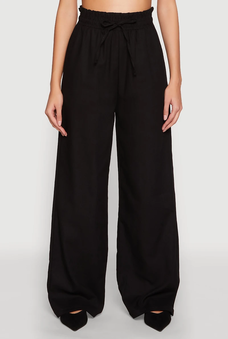 Womens Drawstring Linen Wide Leg Pants, Black, Size S