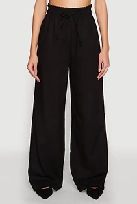 Womens Drawstring Linen Wide Leg Pants, Black, Size S