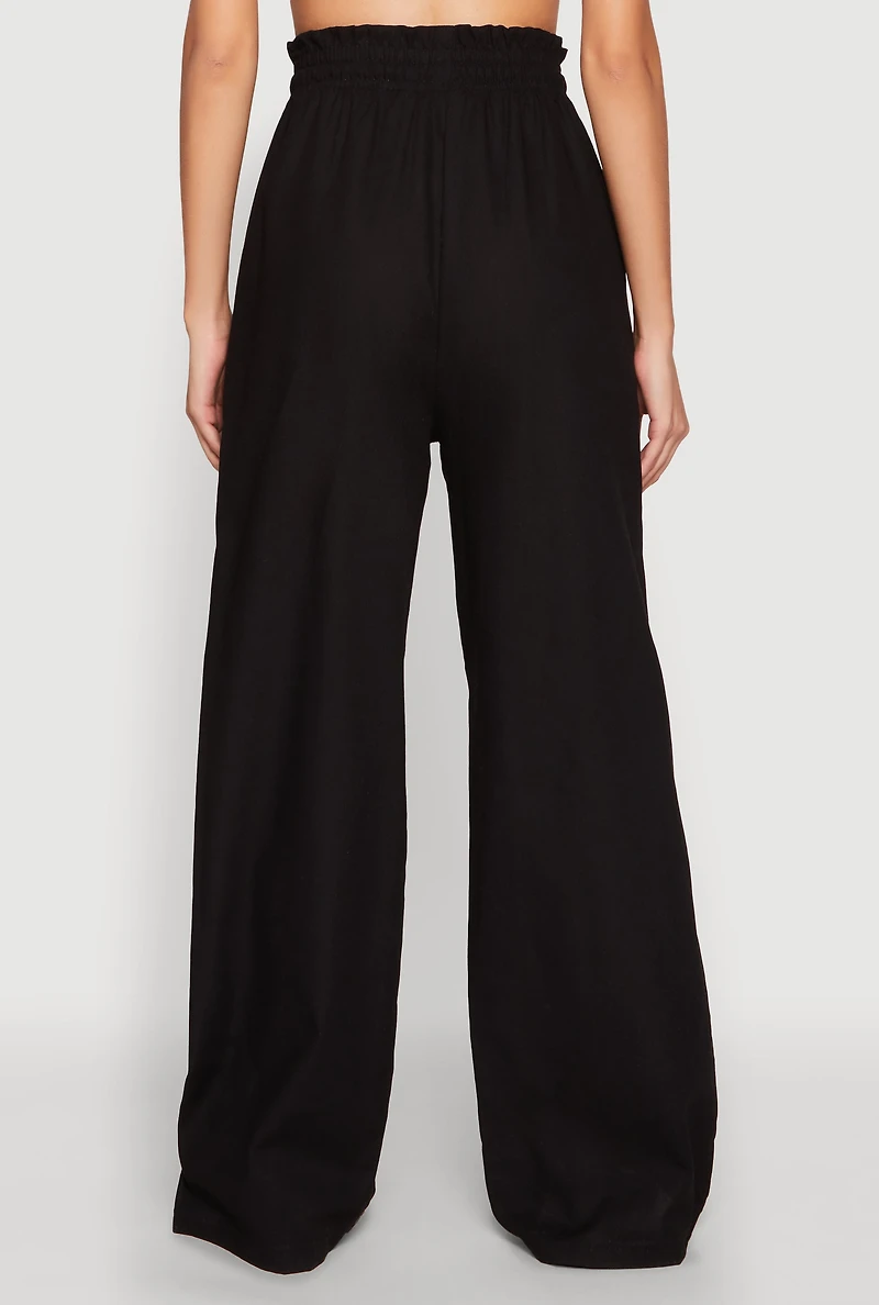 Womens Drawstring Linen Wide Leg Pants, Black, Size S