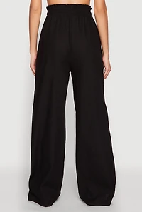 Womens Drawstring Linen Wide Leg Pants, Black, Size S