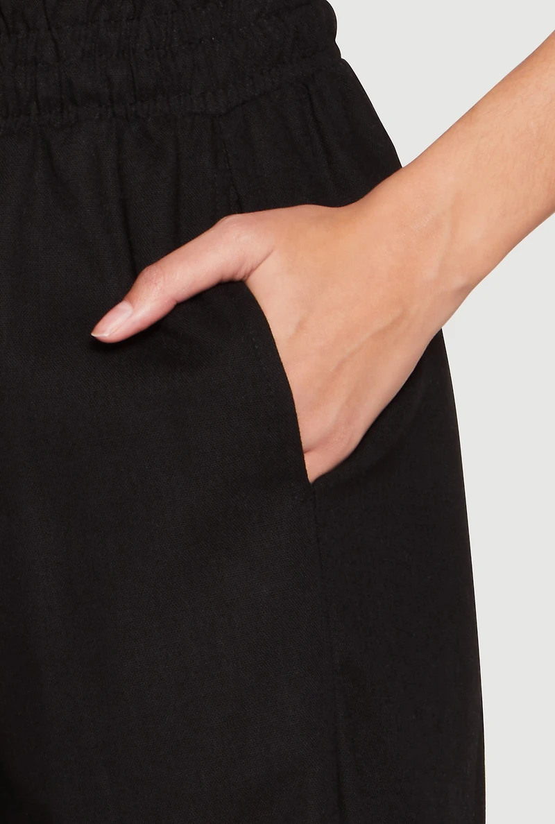 Womens Drawstring Linen Wide Leg Pants, Black, Size S