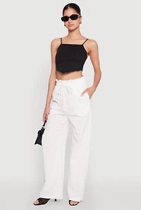 Womens Drawstring Linen Wide Leg Pants, White, Size M