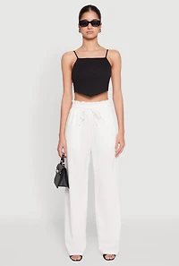 Womens Drawstring Linen Wide Leg Pants, White, Size M