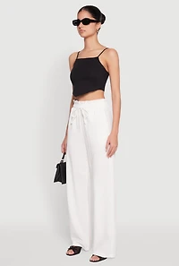 Womens Drawstring Linen Wide Leg Pants, White, Size M