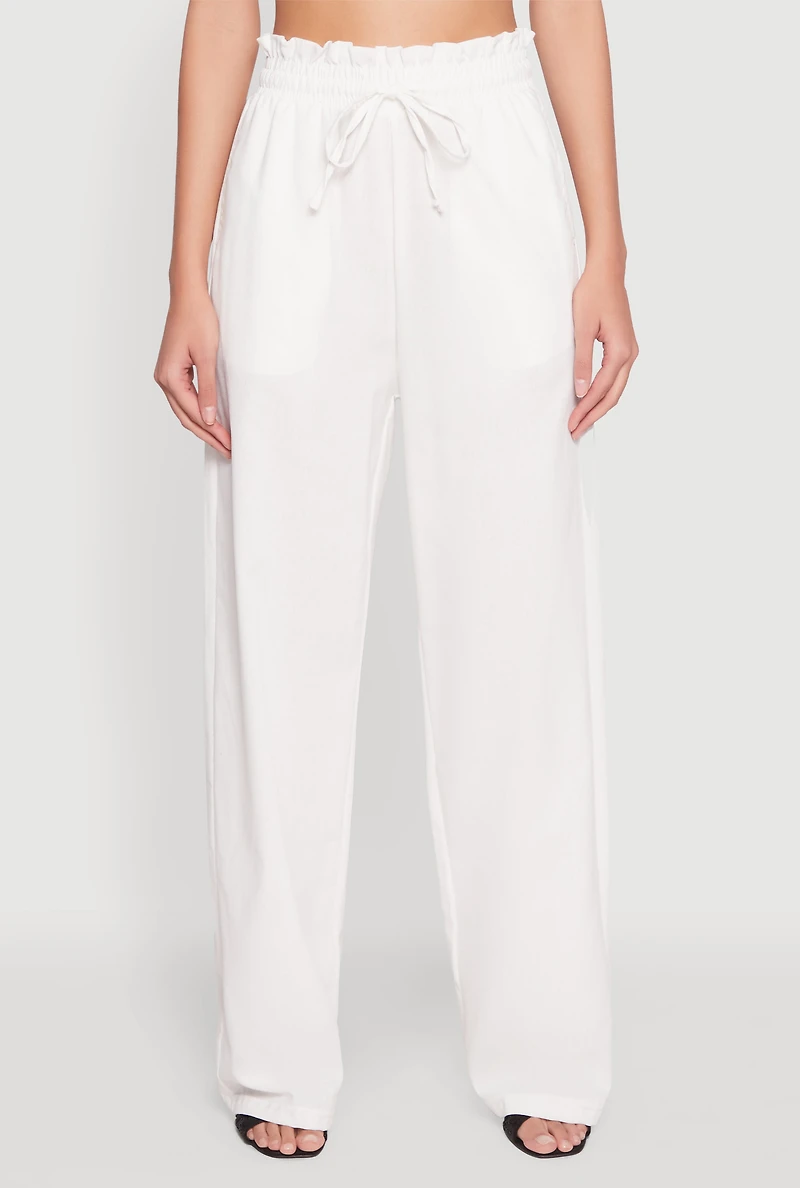 Womens Drawstring Linen Wide Leg Pants, White, Size M