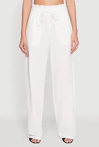 Womens Drawstring Linen Wide Leg Pants, White, Size M