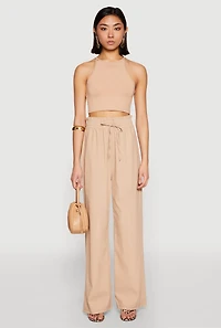 Womens Drawstring Linen Wide Leg Pants, Khaki, Size M