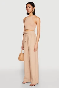 Womens Drawstring Linen Wide Leg Pants, Khaki, Size M