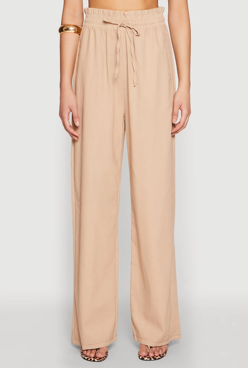 Womens Drawstring Linen Wide Leg Pants, Khaki, Size M