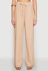 Womens Drawstring Linen Wide Leg Pants, Khaki, Size M