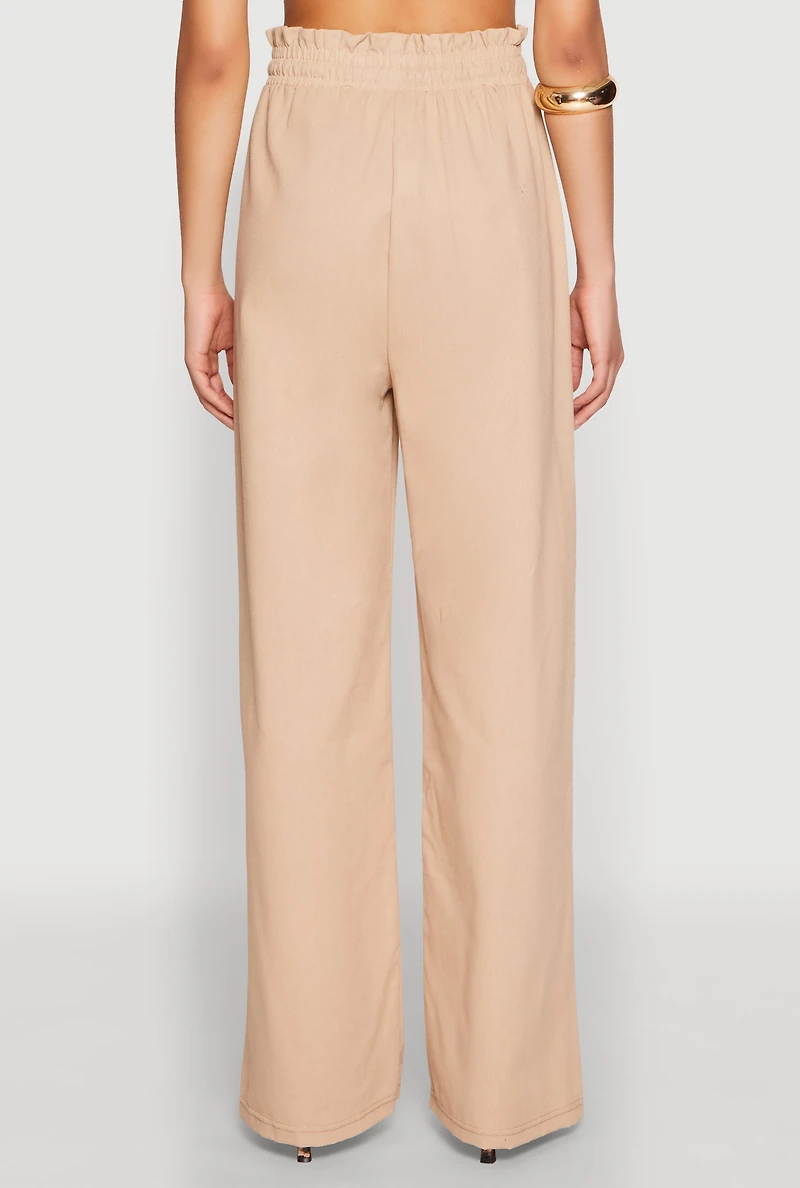 Womens Drawstring Linen Wide Leg Pants, Khaki, Size M