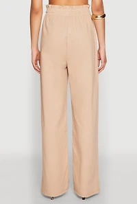 Womens Drawstring Linen Wide Leg Pants, Khaki, Size M