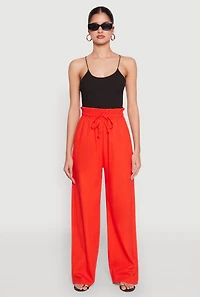 Womens Drawstring Linen Wide Leg Pants, Orange, Size L