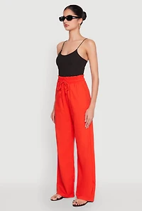 Womens Drawstring Linen Wide Leg Pants, Orange, Size L