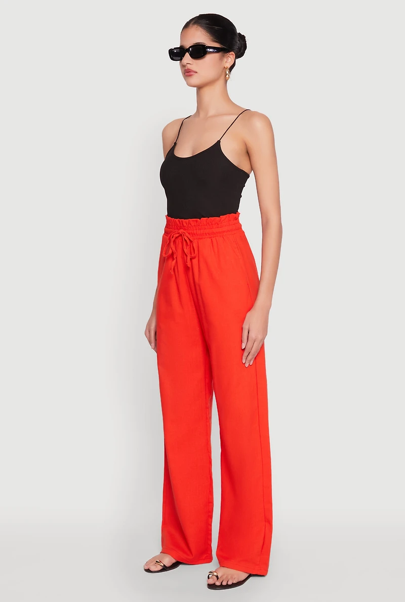 Womens Drawstring Linen Wide Leg Pants, L
