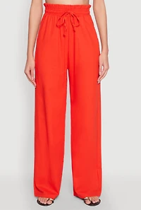Womens Drawstring Linen Wide Leg Pants, Orange, Size L