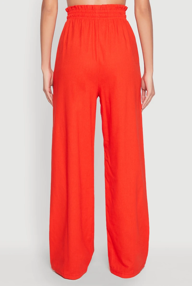 Womens Drawstring Linen Wide Leg Pants, L