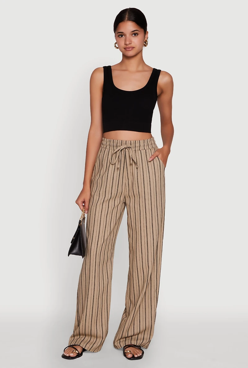 Womens Striped High Waisted Palazzo Pants, Khaki, Size M