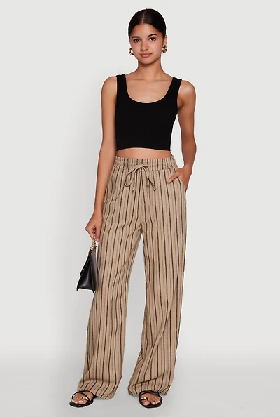 Womens Striped High Waisted Palazzo Pants, Khaki, Size M