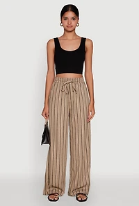 Womens Striped High Waisted Palazzo Pants, Khaki, Size L