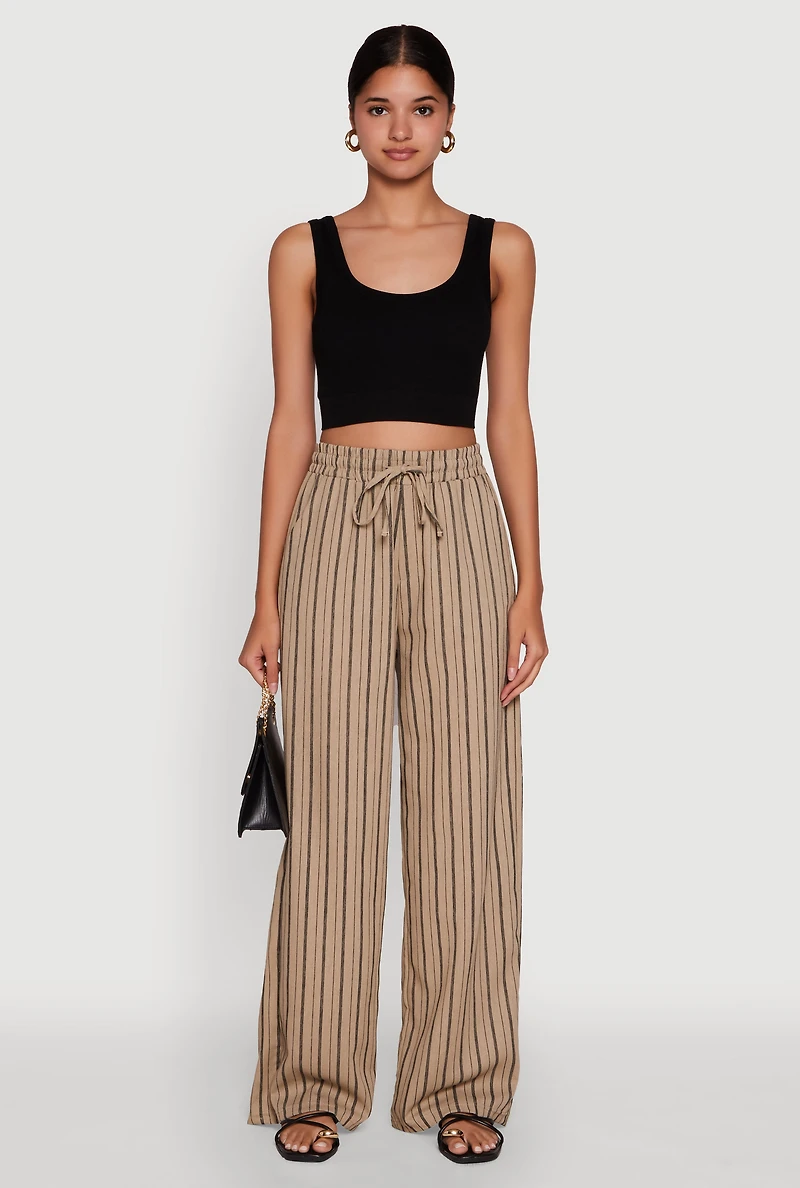 Womens Striped High Waisted Palazzo Pants, Khaki, Size M