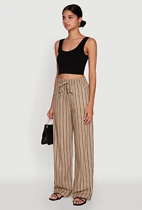 Womens Striped High Waisted Palazzo Pants, Khaki, Size L