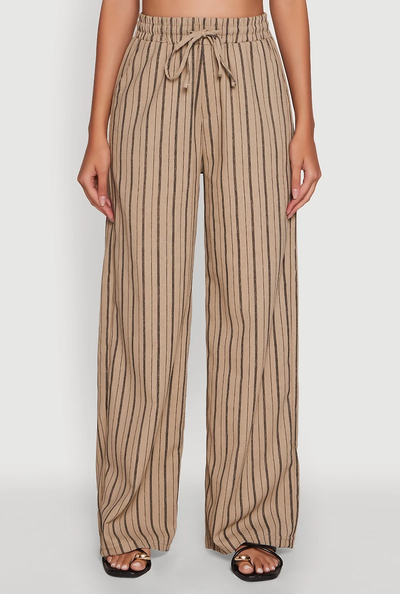 Womens Striped High Waisted Palazzo Pants, Khaki, Size M