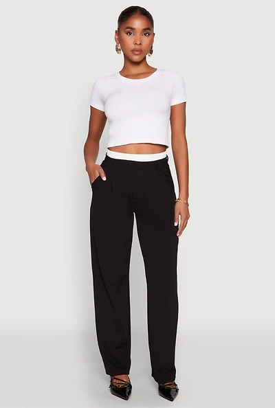 Womens Contrast Waistband Wide Leg Dress Pants, Black, Size M