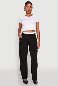 Contrast Waistband Wide Leg Dress Pants