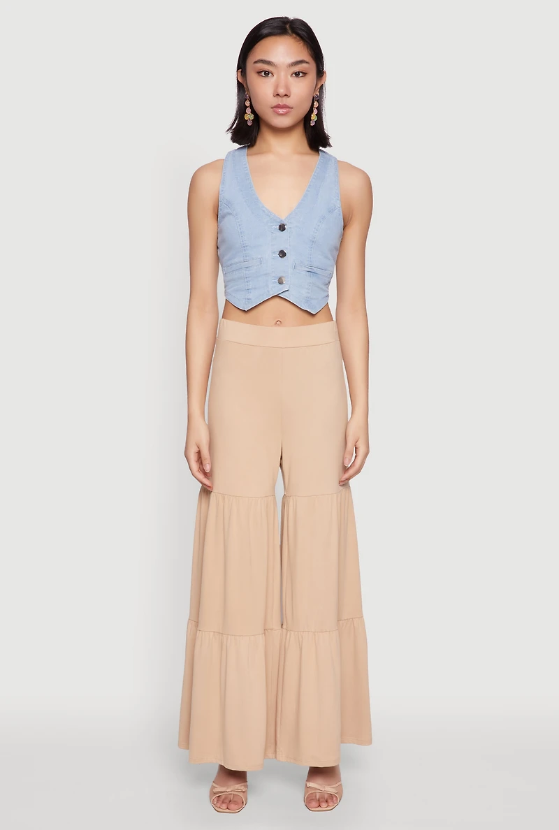 Womens High Waisted Tiered Palazzo Pants, Khaki, Size L