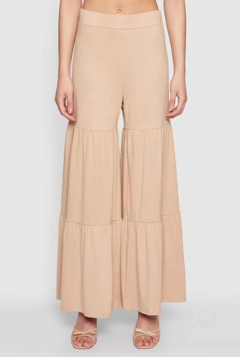 Womens High Waisted Tiered Palazzo Pants, Khaki, Size XL