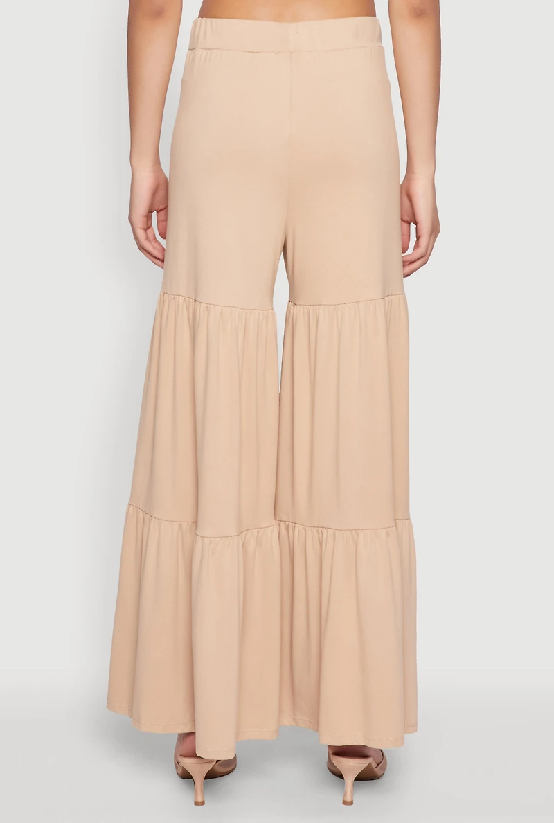 Womens High Waisted Tiered Palazzo Pants, Khaki, Size XL
