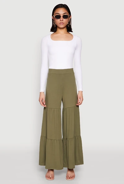 Womens High Waisted Tiered Palazzo Pants, Green, Size L