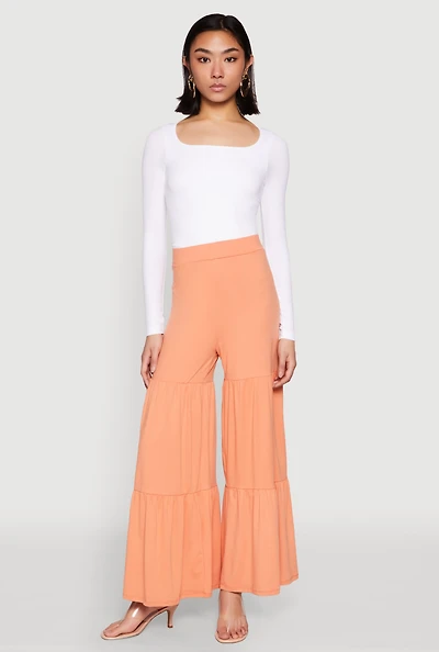 Womens High Waisted Tiered Palazzo Pants, Orange, Size XL