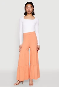 Womens High Waisted Tiered Palazzo Pants, Orange, Size XL